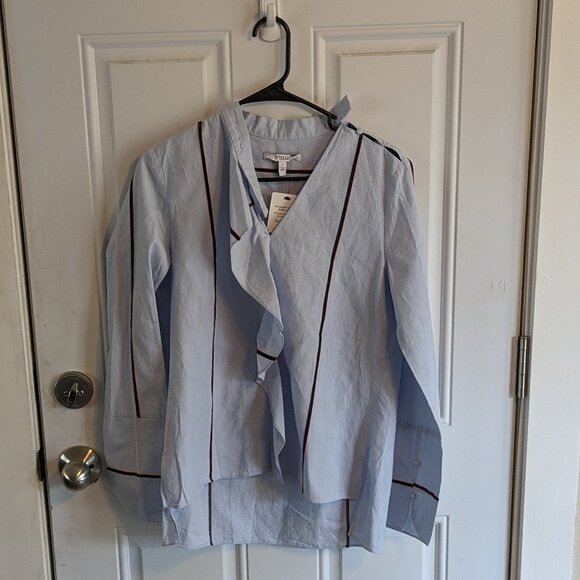 Derek Lam 10 Crosby Light Blue Striped Blouse Asymmetric Keyhole Ruffle Size 4 - Picture 2 of 11